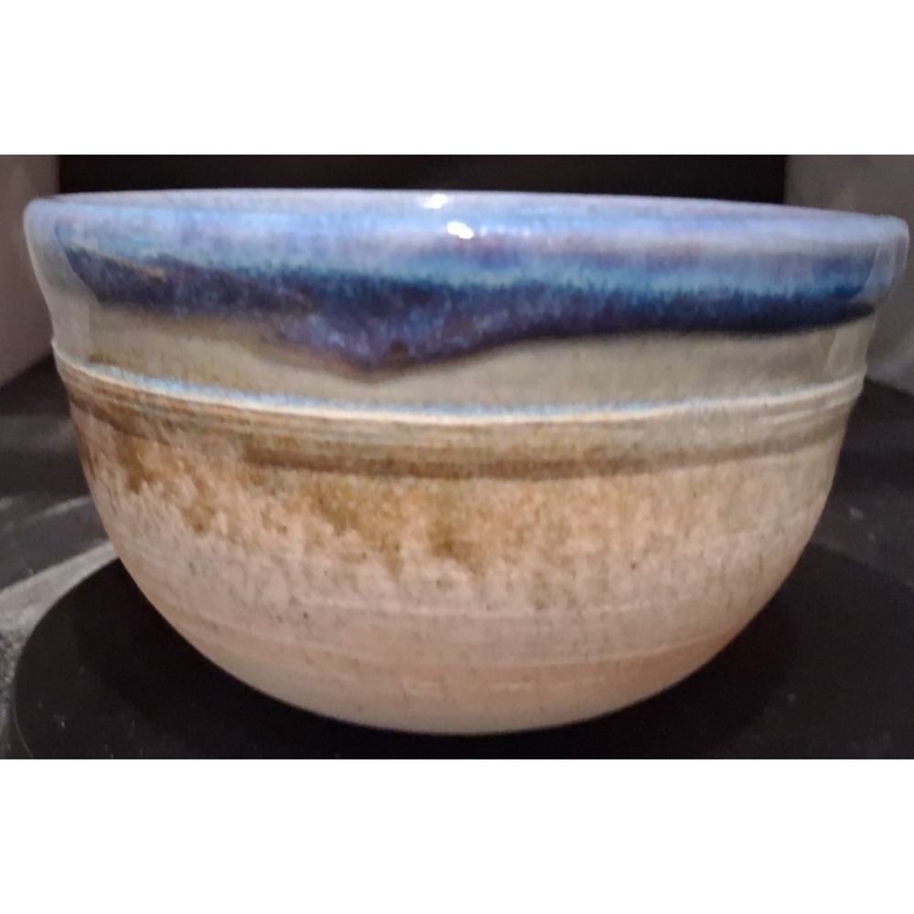 Handmade Artisan Studio Art Pottery Bowl with Blue and Brown Drip Glaze